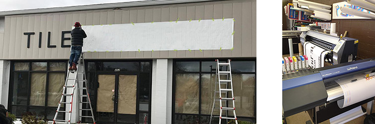 Store front sign being added to store front and digital machinery